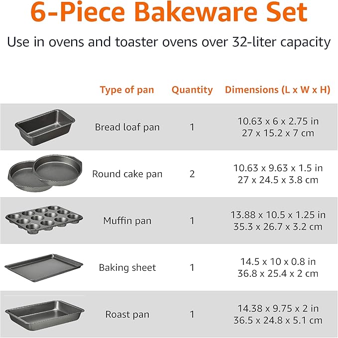 Amazon Basics 6 Piece Nonstick Carbon Steel Oven Safe Bakeware Set.