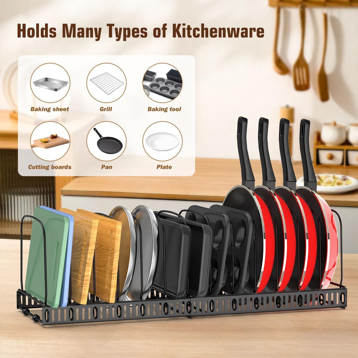 Housolution Expandable Cutting Board Organizer Rack – 14 Adjustable Dividers