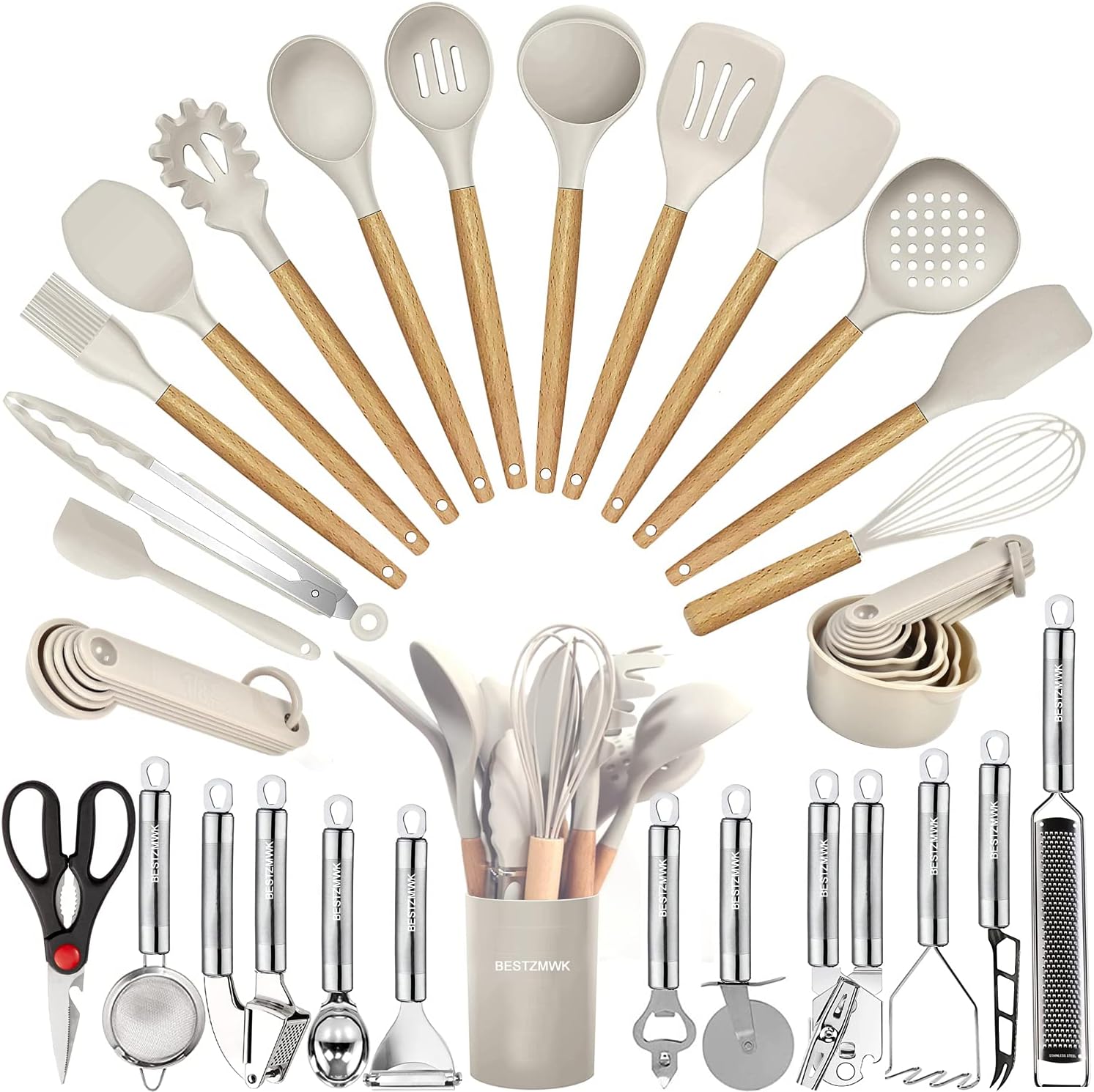 BESTZMWK 35-Piece Silicone Kitchen Utensils Set – Heat-Resistant with Wooden Handles